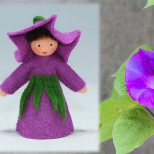 Purple Morning Glory Flower Fairy Waldorf-Style Doll, Brown & Dark Skin Tones! Handmade Wool Felt, Natural Materials, Summer Seasonal Table