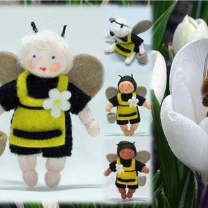 Baby HoneyBee Fairy Waldorf-Style Bee Doll, Collectible, Posable Miniature Hanging Ornament with String, Natural Wool Felt Handmade European
