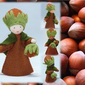 Poupée Waldorf fée fleur noisette Prince Filbert en 4 tons de peau, miniature, feutre de laine naturelle, Nutella, décoratif automne automne saisonnier