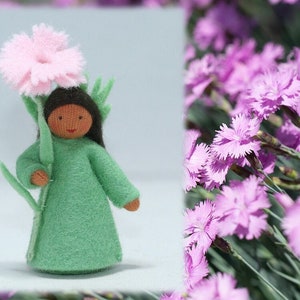 Pink Carnation Flower Fairy Waldorf Doll, 4 Inclusive Skin Tones, Handmade from Wool Felt/All Natural Materials, Spring Seasonal Table