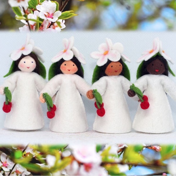 Cherry Blossom Flower Fairy Princess Waldorf Doll Holding Fruit, 4 Inclusive Skin Tones, Handmade Wool Felt, Summer Seasonal Table Nature