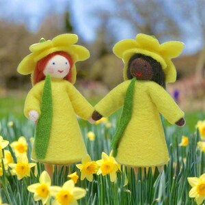 Daffodil Flower Fairy Waldorf Doll, 4 Skin Tones Inclusive, Ginger, Handmade, Wool Felt/All Natural Materials, Spring Bulbs Seasonal Table