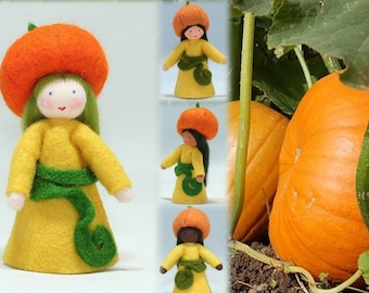 Pumpkin Fairy Waldorf Doll - Fair, Light, Brown Skin, Miniature, Handmade Wool Felt, Natural Materials Fall Autumn Halloween Seasonal Table