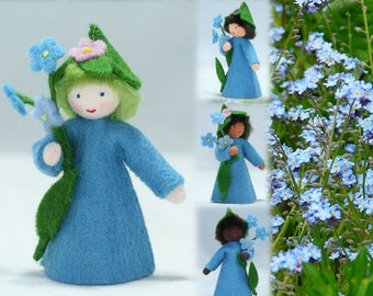 Forget-Me-Not Prince Flower Fairy Waldorf Doll Holding Stem, 3 Skin Tones, Natural, Handmade in Wool Felt, Spring/Summer Seasonal Table