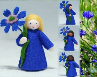 Blue Cornflower Flower Fairy Waldorf Doll, Bachelor Buttons, Choice: 4 Inclusive Skin Tones, Handmade Wool Felt, Summer Seasonal Table Decor