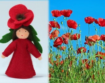 Red Poppy Flower Fairy Waldorf-Style Doll in Fair, Brown & Dark Skin, Handmade Wool Felt Natural Materials, Decorative Summer Seasonal Table