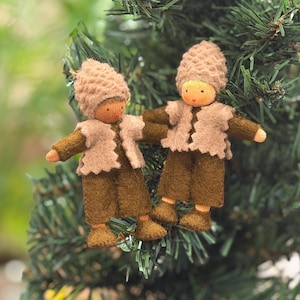 Pinecone Kid Flexible Posable Waldorf Wool Felt Dollhouse Doll, Pine Cone Prince Tree Fairy Child, Winter Man Christmas Seasonal Table Decor