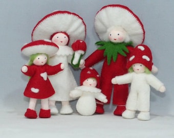 Red Mushroom Waldorf Dollhouse Doll Family Set of 5: Mom, Dad, Girl, Boy & Baby, Wool Felt, Autumn Fly Agaric Amanita Fall Toadstool
