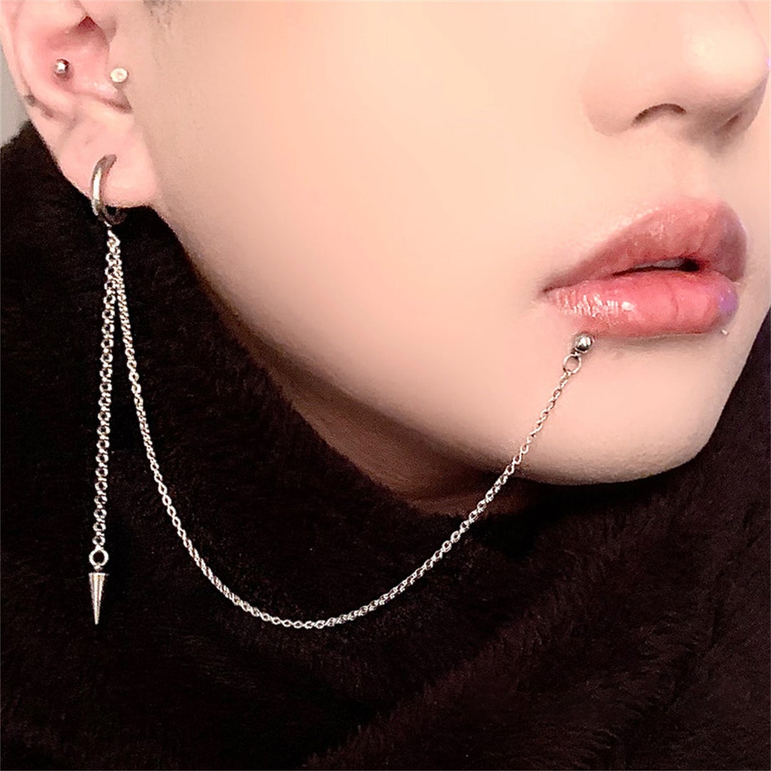 Lip/nose to Ear Chain, Lip Ring and Earring Jewelry, Lip Ring, Medical Stainless Steel, Eyebrow
