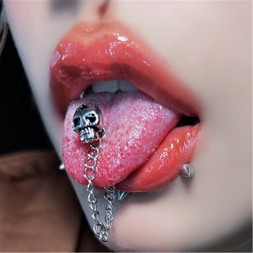Skull Chain Tongue Stud Sweet Tongue Ring Titanium Steel Etsy