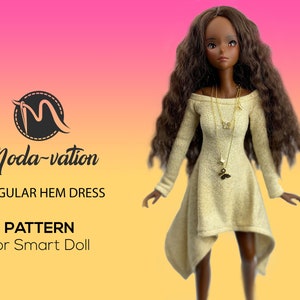 May include: A pattern for an irregular hem dress for a Smart Doll. The doll is wearing a beige dress with long sleeves and a gold necklace. The doll has long brown hair and brown eyes.