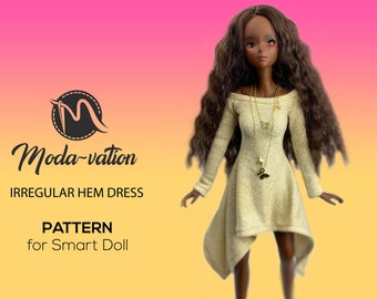 Irregular Hem Dress PATTERN for Smart Doll. Step by Step tutorial. Doll clothes patterns pdf. Smart Doll Clothes