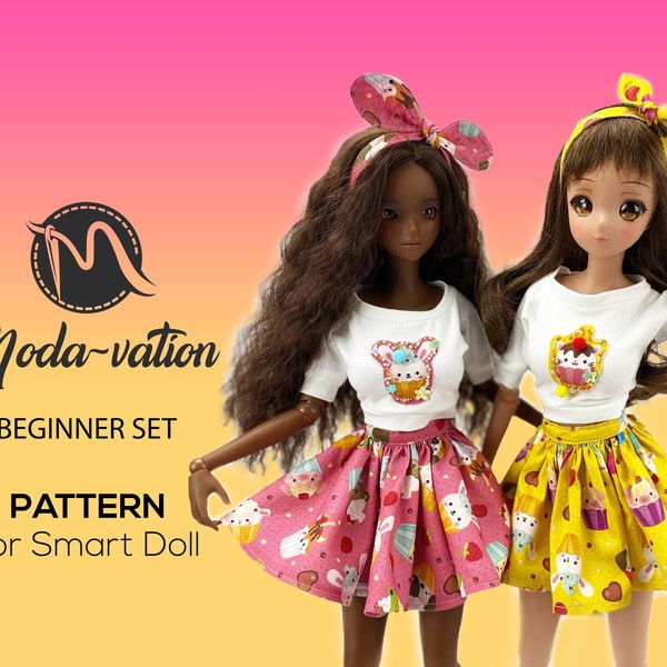 Smart Doll PATTERN for beginners. Circle skirt. gathered skirt, crop top and headbands. Doll clothes patterns pdf. Smart Doll Clothes