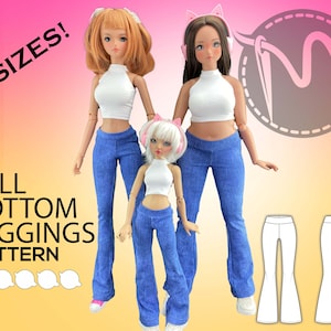 May include: A sewing pattern for bell bottom leggings for dolls. The pattern includes three sizes and is shown on three dolls wearing the leggings. The pattern is white on a white background.