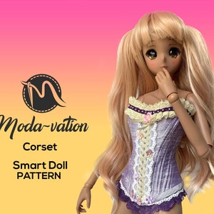 May include: A purple and white corset with lace trim and floral accents. The corset is for a doll and is part of a sewing pattern. The pattern is called "Moda-vation Corset Smart Doll PATTERN".