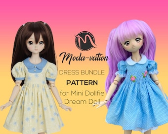 Mini Dollfie Dream Doll, Rubinrot und Gummistiefel Wisher Smocking Plissee Kleider Muster 40 und 45 cm. Puppenkleider Schnittmuster pdf