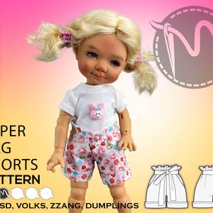 May include: A paper bag shorts pattern for dolls. The pattern is for dolls like Yosd, Volks, ZZang, and Dumplings. The pattern includes two different styles of shorts, both with a high waist and a ruffled hem.