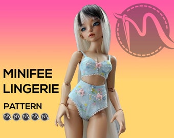 MiniFee poppenlingerieset patroon met voering. Digitale download, poppenkledingpatronen pdf, gevorderd niveau.