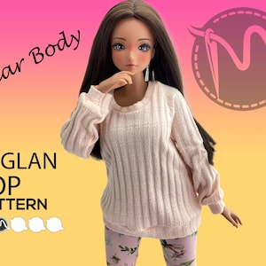 May include: A pink raglan top sewing pattern for a pear-shaped body type. The pattern includes instructions for making a top with a ribbed texture. The image shows a doll wearing the finished top.