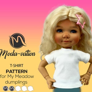 May include: A white t-shirt pattern for My Meadow Dumplings dolls. The pattern is for a simple t-shirt with short sleeves. The pattern is available in multiple sizes. Moda-vation T-shirt Pattern for My Meadow Dumplings.