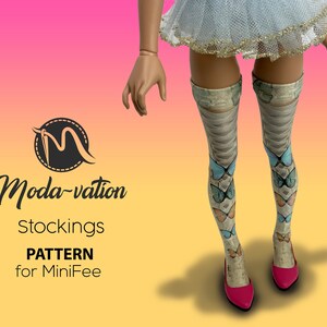May include: A pair of stockings with a butterfly pattern. The stockings are beige with blue and orange butterflies. The stockings are worn by a doll with a white skirt. The text "Moda-vation Stockings PATTERN for MiniFee" is visible in the image.