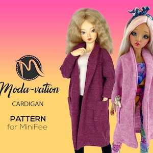 May include: A pattern for a cardigan for MiniFee dolls. The pattern is shown on two dolls, one wearing a pink cardigan and the other wearing a purple cardigan. The pattern is available for download.