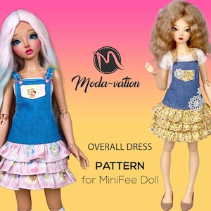 May include: A sewing pattern for a denim overall dress with a ruffled skirt for a MiniFee doll. The pattern includes instructions for making the dress with a denim bodice and a ruffled skirt with a floral print.