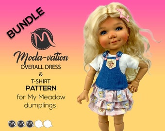 My Meadow Dumplings Bundle Overall dress and T-Shirt. Doll clothes patterns pdf.