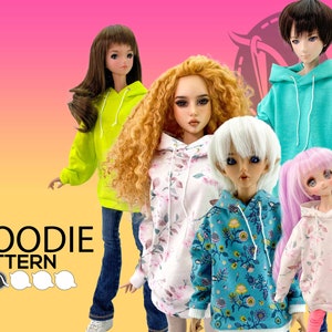 May include: Five dolls wearing different colored and patterned hoodies. The dolls are all wearing jeans. The text "HOODIE PATTERN" is at the bottom of the image.