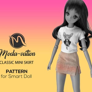 May include: A pattern for a classic mini skirt for a Smart Doll. The pattern is shown on a doll wearing a white t-shirt with a graphic of a cat wearing a priest collar and holding a microphone. The doll is wearing a light brown skirt with a slit on the right side.