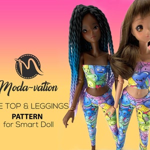 May include: Two dolls wearing colourful tube tops and leggings with a cartoon monster print. The dolls have long hair, one with blue and purple streaks and the other with brown hair. The text "Moda-vation TUBE TOP & LEGGINGS PATTERN for Smart Doll" is at the bottom of the image.
