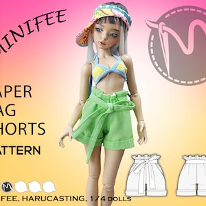 Wzór do szycia lalki Minifee - Paper Bag Shorts. Samouczek krok po kroku z obróbką zdjęć. Wzory ubrań dla lalek w formacie PDF.