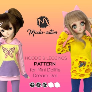 Może przedstawiać: Wzór szycia na bluzę z kapturem i legginsy dla lalki Mini Dollfie Dream. Wzór zawiera wzór motyla na bluzie i wzór sera na drugiej bluzie.