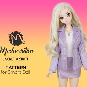 May include: A purple jacket and skirt sewing pattern for a Smart Doll. The pattern is designed by Moda-vation.