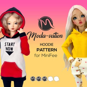 May include: A digital pattern for a doll hoodie. The pattern is for MiniFee dolls. The image shows two dolls wearing different versions of the hoodie. One doll is wearing a red and black hoodie with the words "Start Now" on the front. The other doll is wearing a yellow hoodie with a white pocket.