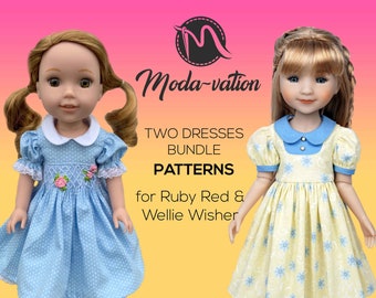 Doll Dress Pattern, Smocking Pleating, Fits 14.5"-15" Ruby Red, Wellie Wisher (PDF Pattern)