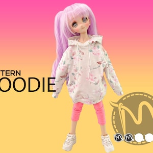 May include: A white hoodie with a floral print and a drawstring hood. The hoodie is being worn by a doll with pink hair and pink pants. The text "PATTERN HOODIE" is visible in the image.