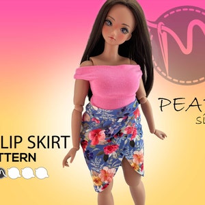 May include: A tulip skirt sewing pattern for a pear-shaped figure. The pattern is illustrated on a doll wearing a pink top and a blue floral print skirt.