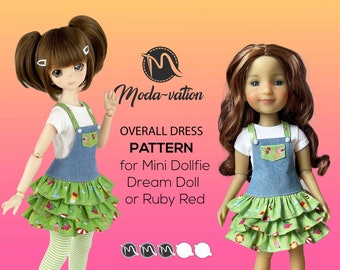Doll Overall Dress Sewing Pattern for Mini Dollfie, Ruby Red (PDF Pattern)