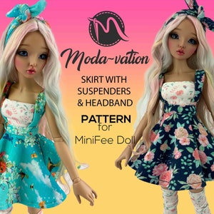 MiniFee 人形のスカートの型紙、サスペンダーとヘッドバンド付きのスカート。デジタル ダウンロード、人形の服の型紙 PDF、初心者レベル。