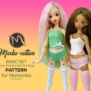 Basic Set for Momonita Doll (27cm) . Camisole, Panties and Stockings. Doll clothes patterns pdf. Momonita Doll Clothes Basic Set