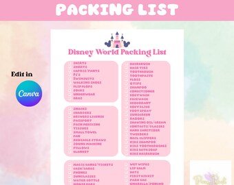 Pink Simple Digital File Printable Customizable Magical Packing List for Adults Kids INSTANT DOWNLOAD Editable in CANVA