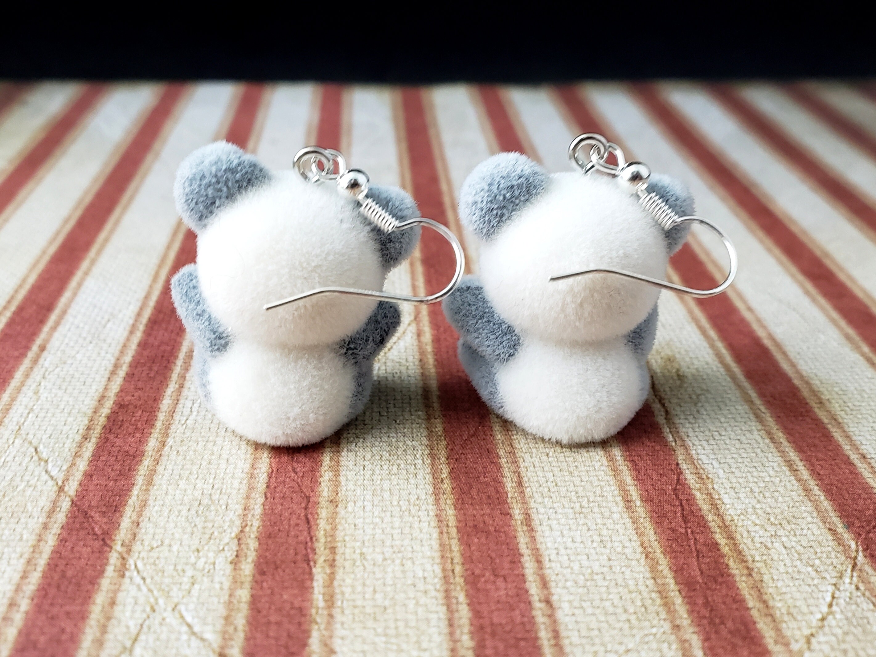 Flocked Teddy Bear Earrings White and Gray Fuzzy Bears Etsy
