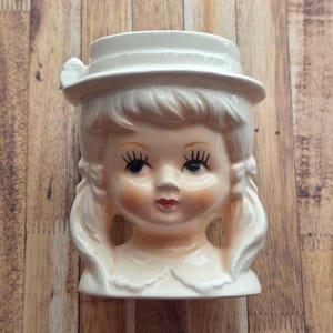 Vintage Head Vase Small Girl in Hat Ceramic Vase 3.75&quot; Planter 60s Old Stock