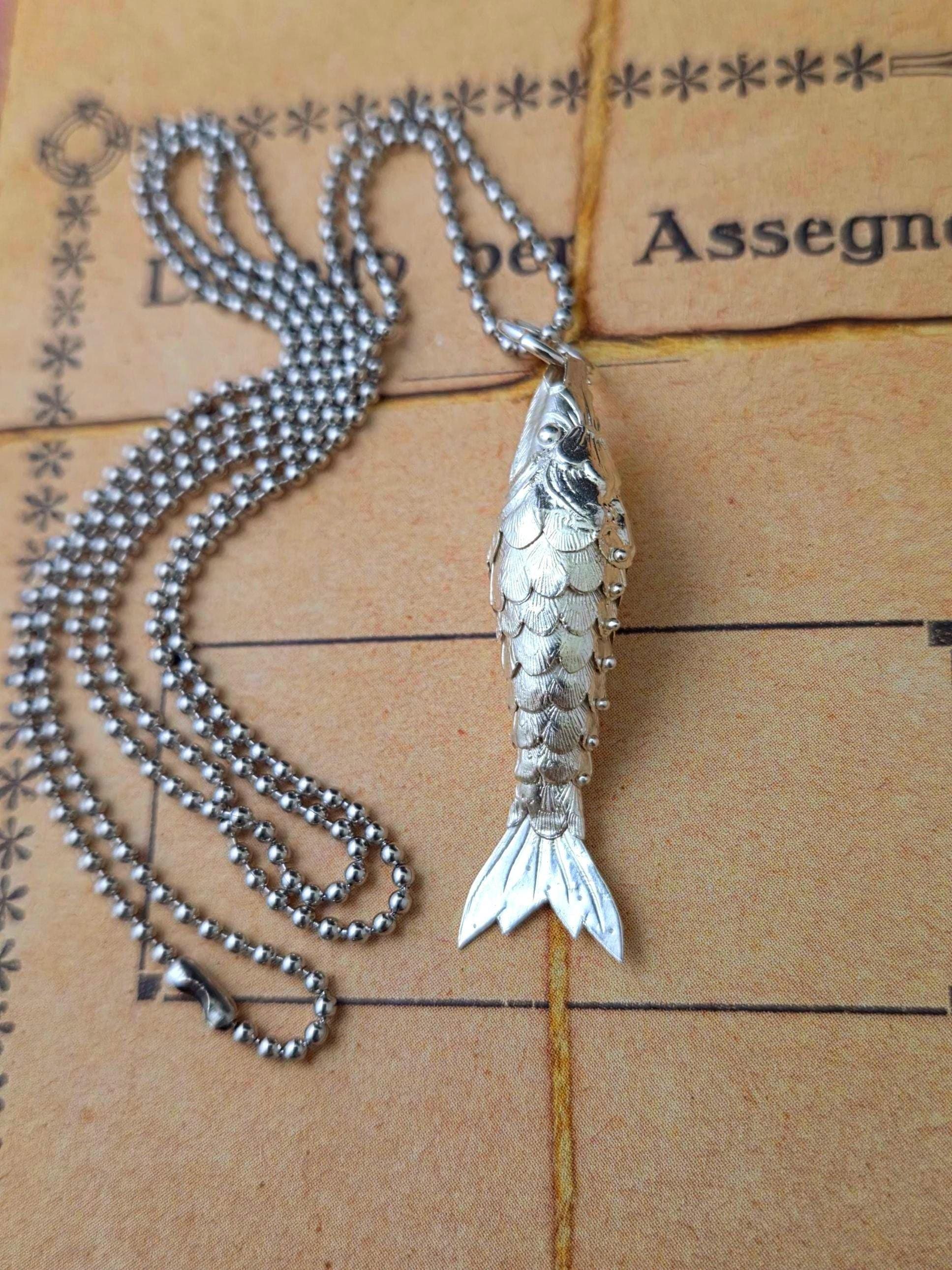 Vintage Articulated Fish Necklace Silver Plated Puffy 