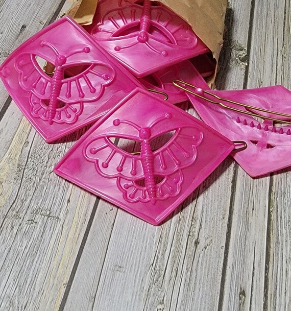 6 Large Vintage Plastic Pink Butterfly Hair Clips (… Gem