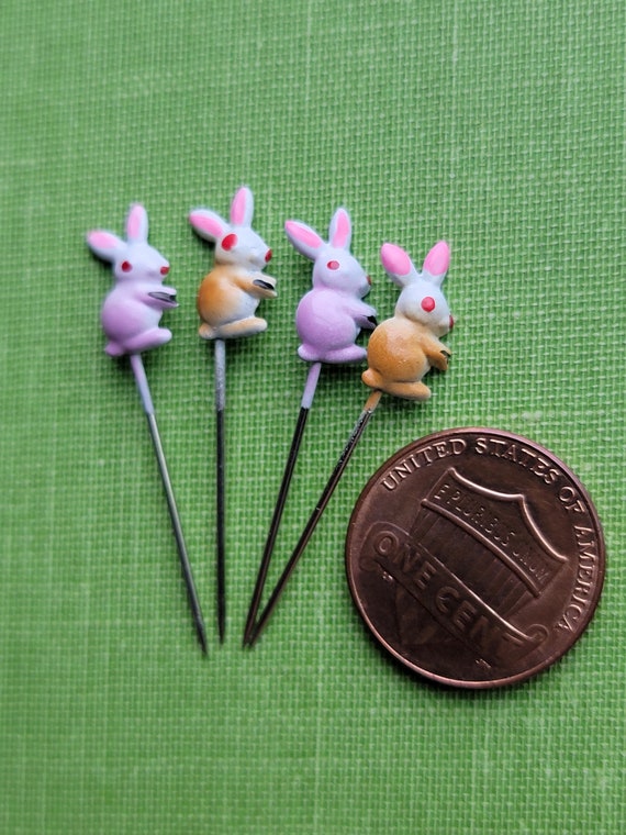 4 Vintage Bunny Stick Pins - Tiny Enamel Metal Rab