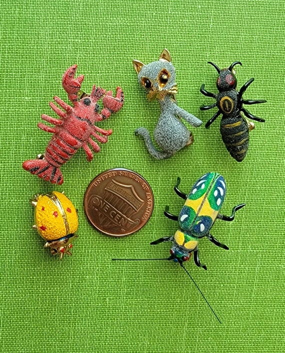 Vintage Scatter Pins 5 Micro Beaded Animal Insect 