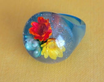 Vintage Floral Lucite ヴィンテージルーサイトリングケース Vintage Lucite Flower Bubble Ring Dried Flowers Glitter
