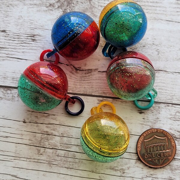 Vintage Mini Plastic Glitter Baubles with Celluloid Split-rings 5 Hollow Ball Charms Ornaments Jewelry Craft